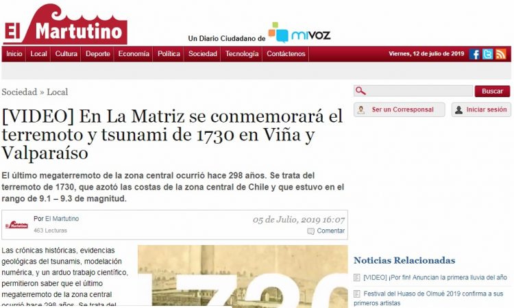 El Martutino: En La Matriz se conmemorará el terremoto y tsunami de 1730 en Viña y Valparaíso