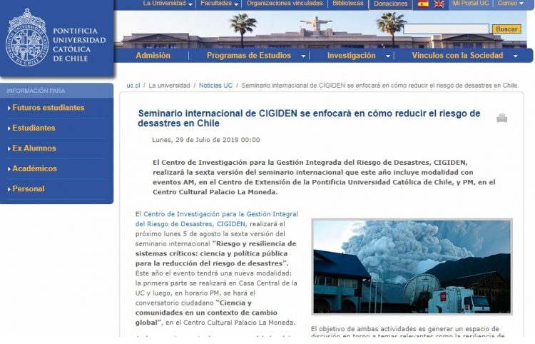 Prensa UC: Seminario internacional de CIGIDEN se enfocará en cómo reducir el riesgo de desastres en Chile
