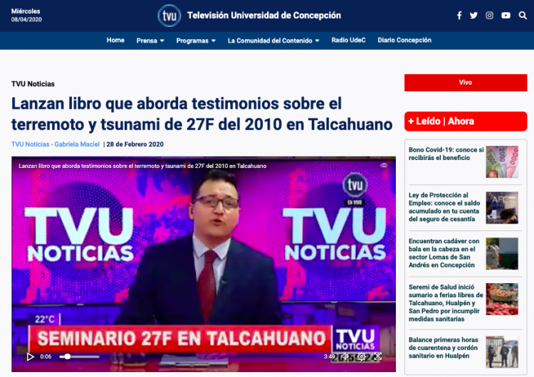TVU.cl: Lanzan libro que aborda testimonios sobre el terremoto y tsunami de 27F del 2010 en Talcahuano