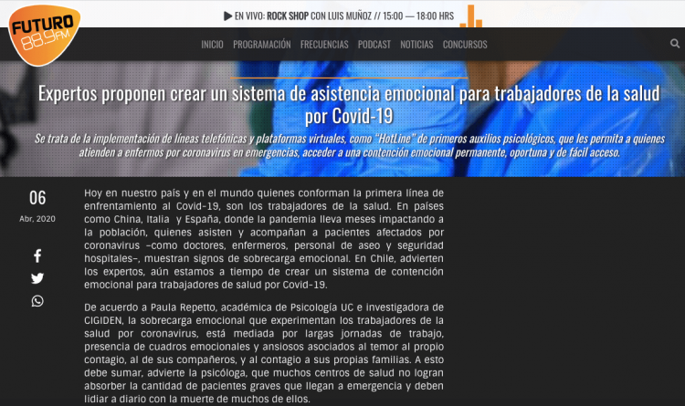 Radio Futuro: Expertos proponen crear un sistema de asistencia emocional para trabajadores de la salud por Covid-19