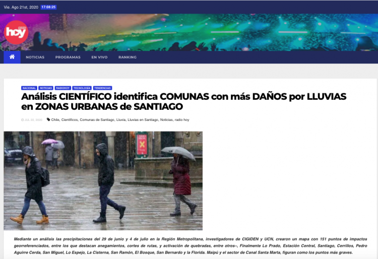 Radio Hoy: Análisis científico identifica comunas con más daños por lluvias en zonas urbanas de Santiago.