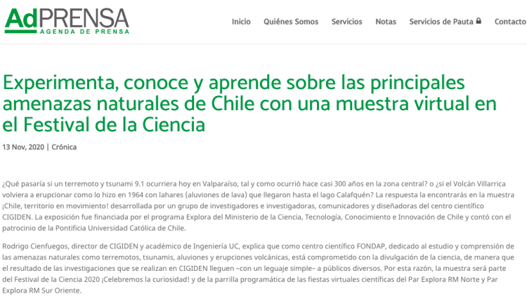 ADPrensa.cl: Experimenta, conoce y aprende sobre las principales amenazas naturales de Chile con una muestra virtual en el Festival de la Ciencia.