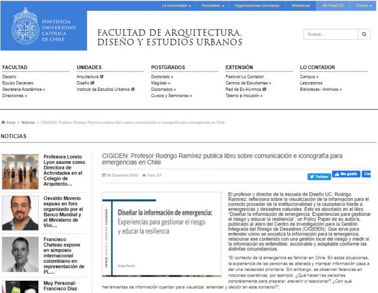Fadeu.uc.cl – CIGIDEN: Profesor Rodrigo Ramírez publica libro sobre comunicación e iconografía para emergencias en Chile.