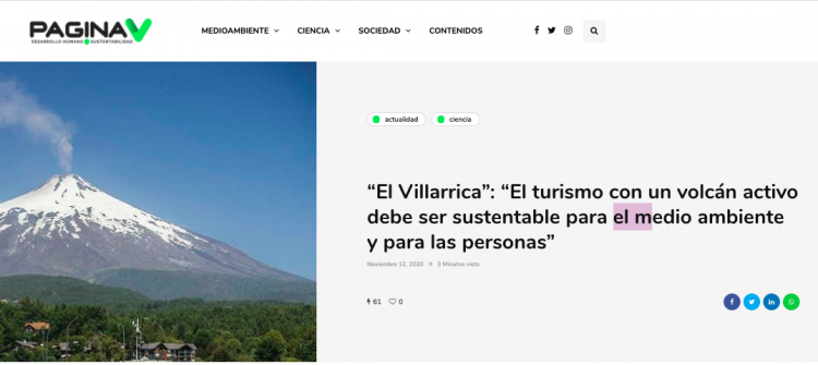 PáginaV.cl – “El Villarrica”: “El turismo con un volcán activo debe ser sustentable para el medio ambiente y para las personas”.