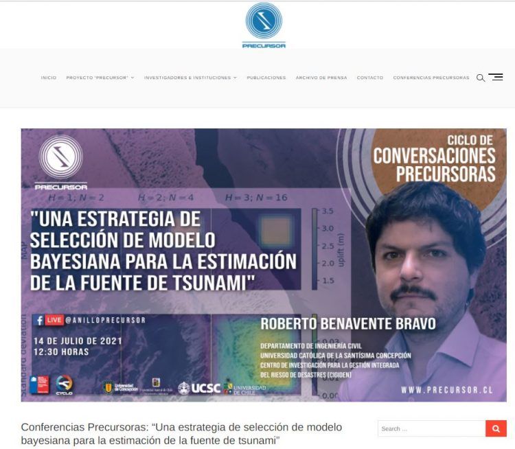 Precursor.cl: Conferencias Precursoras: “Una estrategia de selección de modelo bayesiana para la estimación de la fuente de tsunami”.