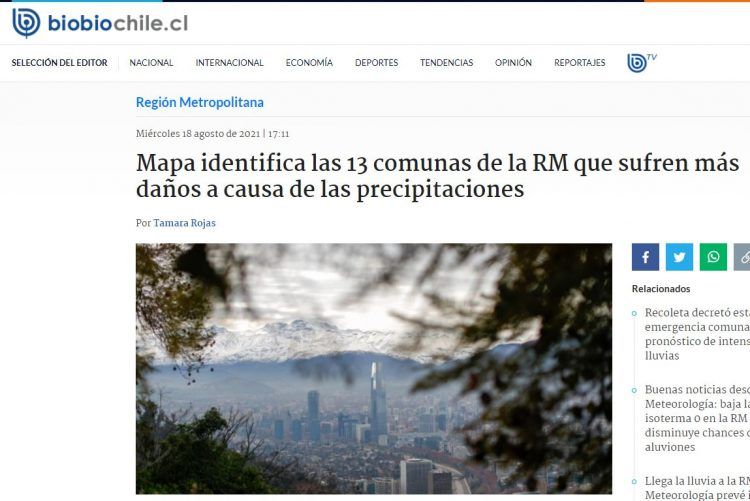 Biobiochile.cl: Mapa identifica las 13 comunas de la RM que sufren más daños a causa de las precipitaciones