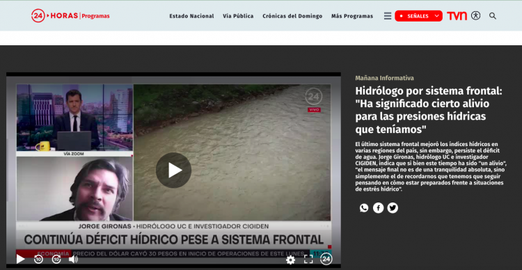 24 Horas.cl : Hidrólogo por sistema frontal: «Ha significado cierto alivio para las presiones hídricas que teníamos»