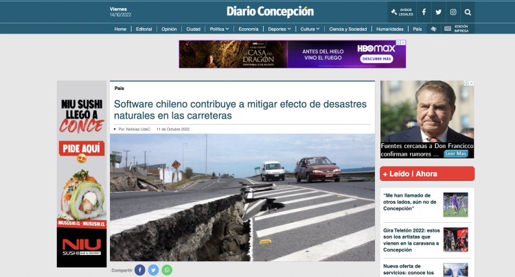 Diario Concepción: ‘Software chileno contribuye a mitigar efecto de desastres naturales en las carreteras’
