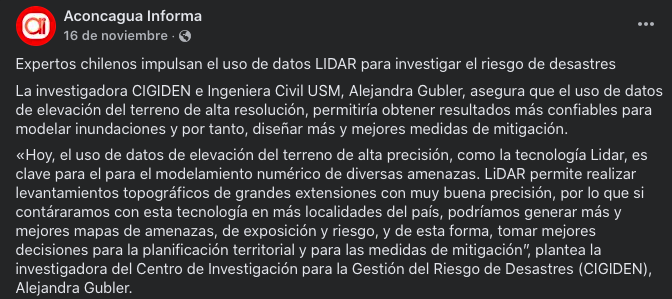 Aconcagua Informa | Expertos chilenos impulsan el uso de datos LIDAR para investigar el riesgo de desastres