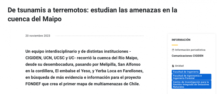 Noticias UC | De tsunamis a terremotos: estudian las amenazas en la cuenca del Maipo