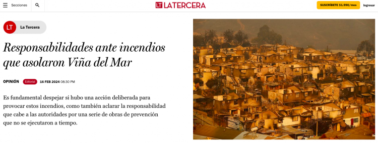 La Tercera | Responsabilidades ante incendios que asolaron Viña del Mar
