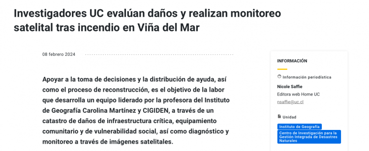 UC.cl | Investigadores UC evalúan daños y realizan monitoreo satelital tras incendio en Viña del Mar