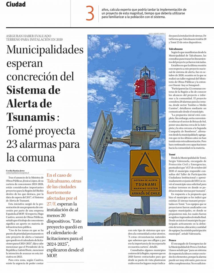 Diario Concepción | Municipalidades esperan concreción del Sistema de Alerta de Tsunamis: Tomé proyecta 23 alarmas para la comuna
