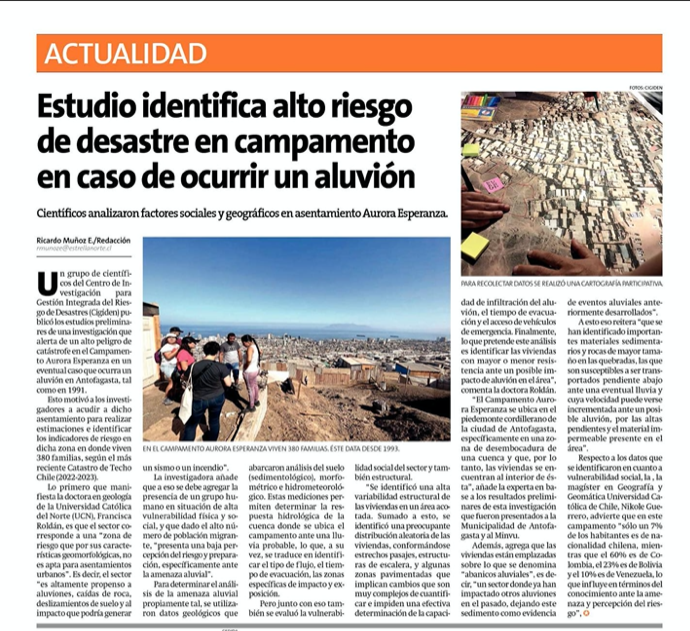 La Estrella de Antofagasta | Estudio identifica alto riesgo de desastre en campamento en caso de ocurrir un aluvión