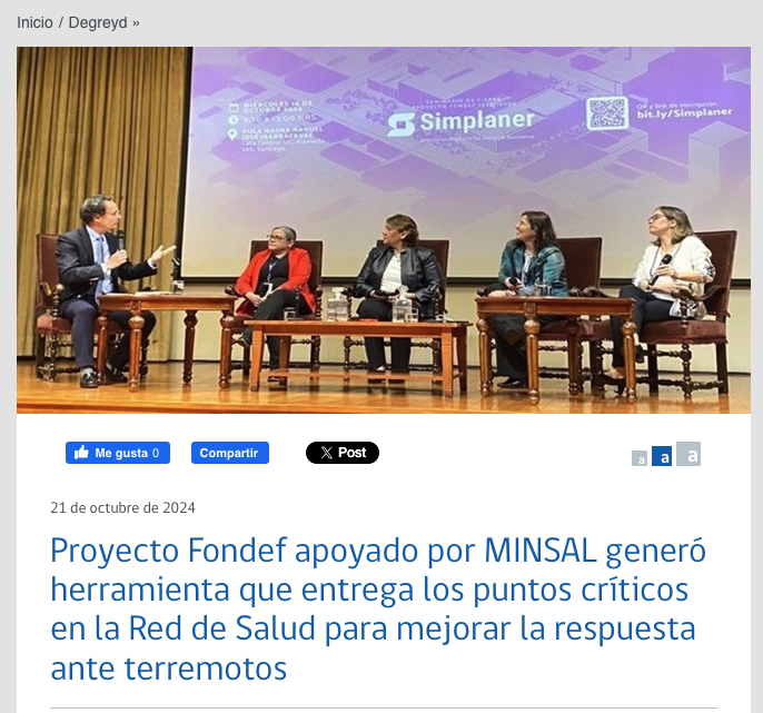 DEGREyD MINSAL | Proyecto Fondef apoyado por MINSAL generó herramienta que entrega los puntos críticos en la Red de Salud para mejorar la respuesta ante terremotos