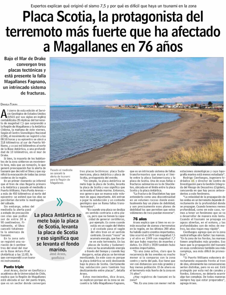 LUN | Placa Scotia, la protagonista del terremoto más fuerte que ha afectado a Magallanes en 76 años